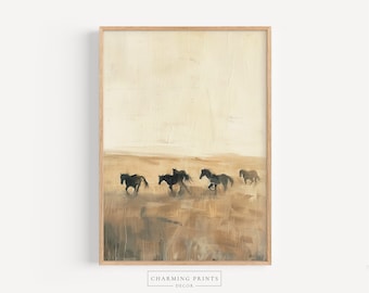 Vintage Horses Oil Painting PRINTED vintage Horse art prints field print farmhouse prints horse wall art neutral vintage art beige CT43-A1