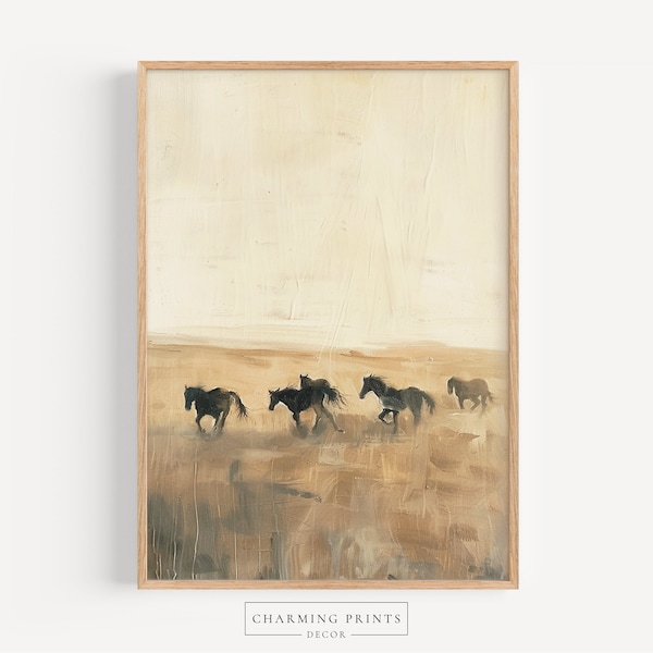 Vintage Horses Oil Painting PRINTED vintage Horse art prints field print farmhouse prints horse wall art neutral vintage art beige CT43-A1