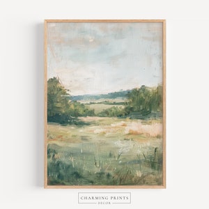 Vintage Landscape Oil Painting PRINTED art print abstract field painting vintage painting beige art farmhouse art sage green art CT36-A1
