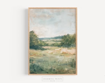 Vintage Landscape Oil Painting PRINTED art print abstract field painting vintage painting beige art farmhouse art sage green art CT36-A1