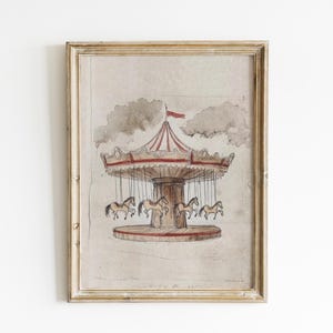 Vintage Carousel Nursery Art Whimsical Merry Go Round Print Antique Carnival Ride Earth Tone Nursery Decor Retro Amusement Park Art VBC8-A1