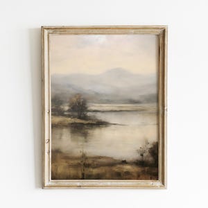 Vintage Moody Landscape Painting earth tones art neutral home decor mountain painting moody art lake wall art abstract landscape VPS50-A1