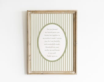 Vintage Psalm 139 Nursery PRINTED sage green nursery print vintage Scripture art Christian Nursery fearfully and wonderfully made P139-A1