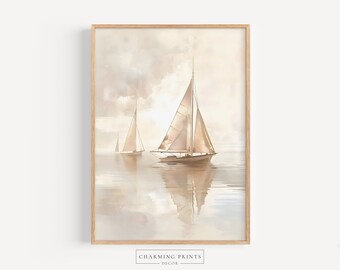 Vintage sail boat PRINTED oil painting art print Vintage nautical boat painting beige vintage coastal decor vintage painting CP13-A1