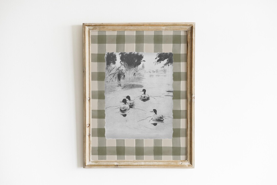Vintage Duck Nursery Wall Art Sage Green Gingham Decor Cottagecore ...