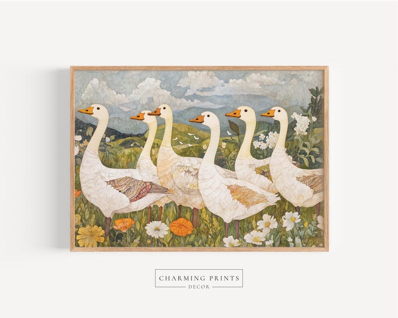 May include: A framed print featuring six white geese with orange beaks and accents, standing in a field of wildflowers. The background shows a landscape with rolling hills, a cloudy sky, and a few birds. The print is labeled "Charming Prints Decor."