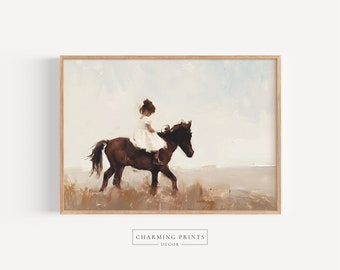 Vintage Horse and Girl Painting PRINTED oil painting Vintage farm print horse art little girl painting farmhouse art beige art CT46-A1