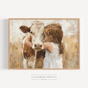 May include: A painting of a young girl hugging a brown and white cow. The girl is wearing a white dress with a floral pattern. The cow is looking at the girl with a gentle expression. The background is a soft, muted palette of browns and yellows.
