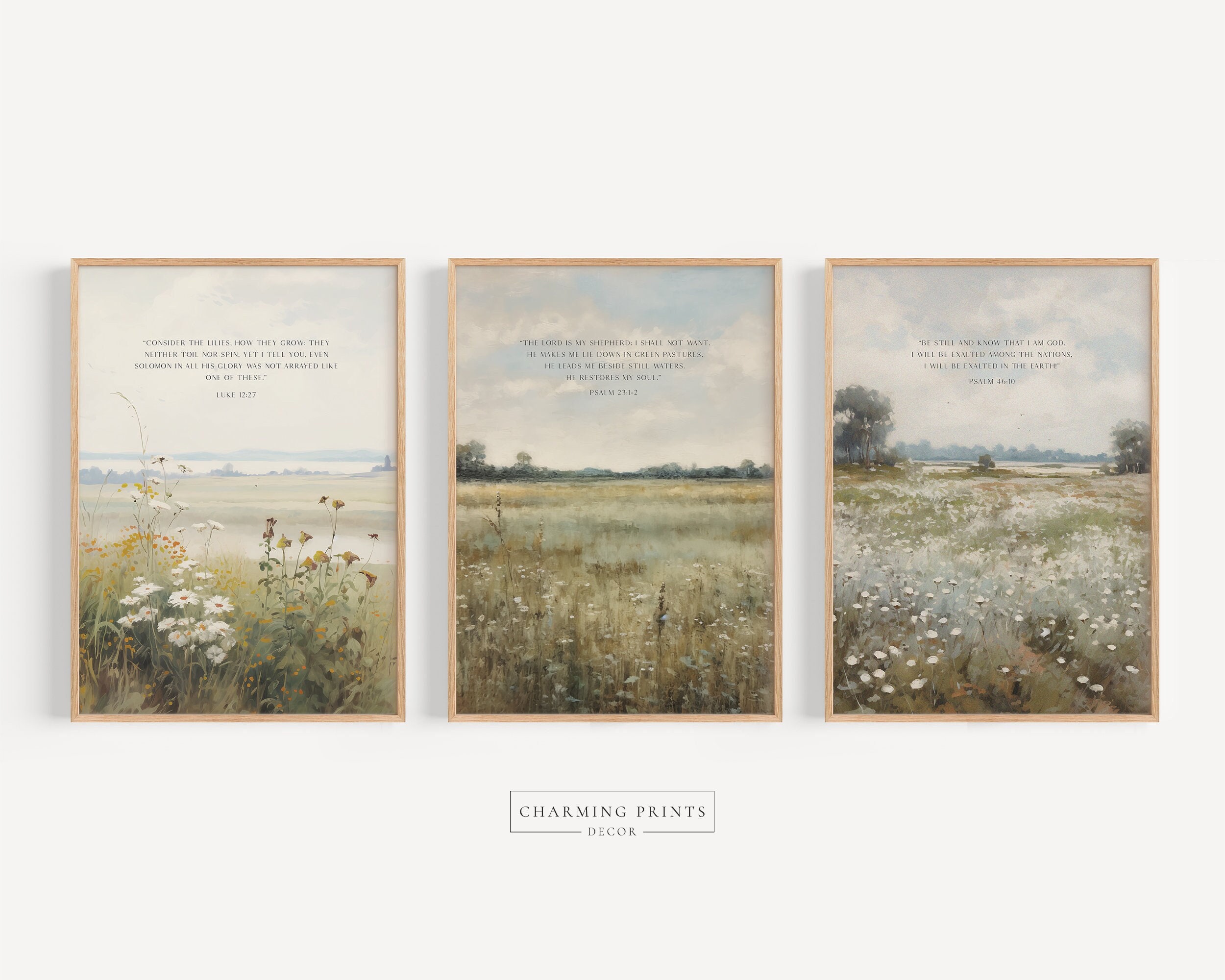 Scripture Christian Art Prints set of 3 PRINTED Scripture Wall art Modern Scripture Floral Art Luke 12, Psalm 23, Psalm 46  SS4-A3