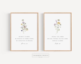 Christian Wall art set of 2 PRINTED art print Bible Verse Wall art Modern Scripture Floral Art Romans 12, Psalm 106 FV4-A2