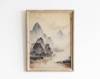 Japanese Vintage decor wall art painting mountain art print earth tone home decor living room art tree art print VPS56-A1