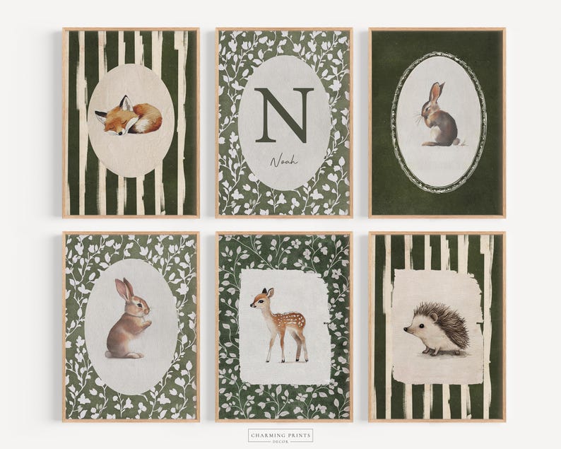 May include: Six framed art prints featuring woodland animals. The prints include a fox, rabbit, deer, and hedgehog, each within an oval frame. The backgrounds vary, with some having green foliage or striped patterns. The frames are a light wood color.