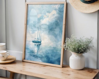 Vintage sail boat PRINTED oil painting Vintage nautical Nursery blue Beach House Wall Art coastal vintage Soft Blue Nursery CP12-A1