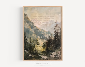 Peut inclure: Une peinture à l'aquarelle d'un paysage de montagne avec une citation du Psaume 121:1-2 : "Je lève les yeux vers les montagnes. D'où me vient le secours ? Mon secours vient de l'Éternel, qui a fait le ciel et la terre."