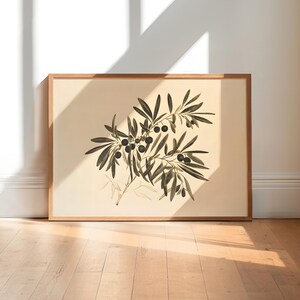 May include: A framed botanical illustration of an olive branch with green leaves and black olives. The print is on a cream background and is framed in a light wood frame.