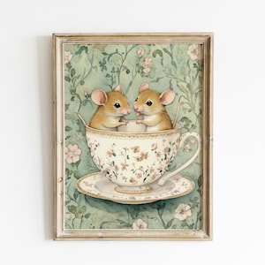 Cottagecore Mouse Nursery Art Whimsical Teacup Print Floral Vintage Animal Illustration Green Kids Room Artwork Botanical Nursery VLG3-A1