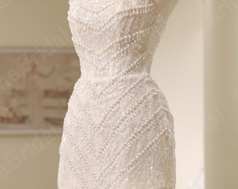Mini wedding dress with sparkling beads. Luxurious beaded party dress. Custom wedding dresses.