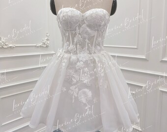 Short Lace and Beaded Wedding Dress. Luxurious 3D Floral Lace Mini ...