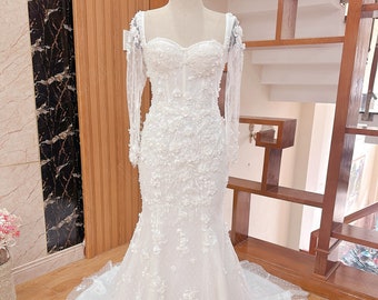 Luxurious 3D beaded floral lace wedding dress. Long sleeve mermaid wedding dress. Custom wedding dresses.