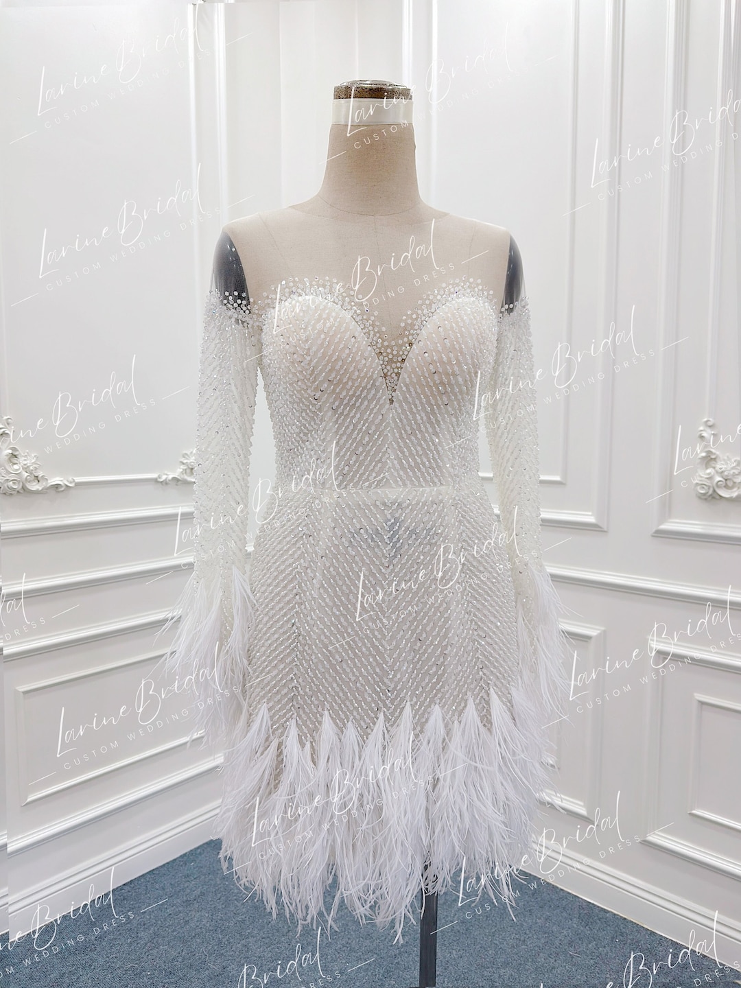 Luxurious Short Beaded Wedding Dress. Long Sleeve Mini Wedding Dress ...