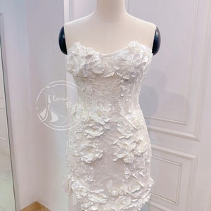 Elegant 3d floral lace short wedding dress. Elegant lace wedding dress with thigh split. Custom wedding dress for the bride.