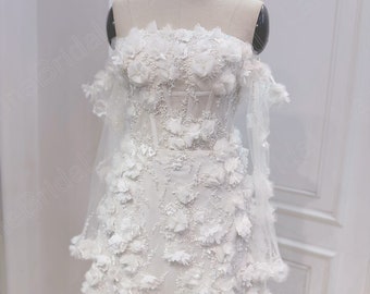 Mini bridal dress. Luxurious 3D floral lace short wedding dress. Custom wedding dresses.