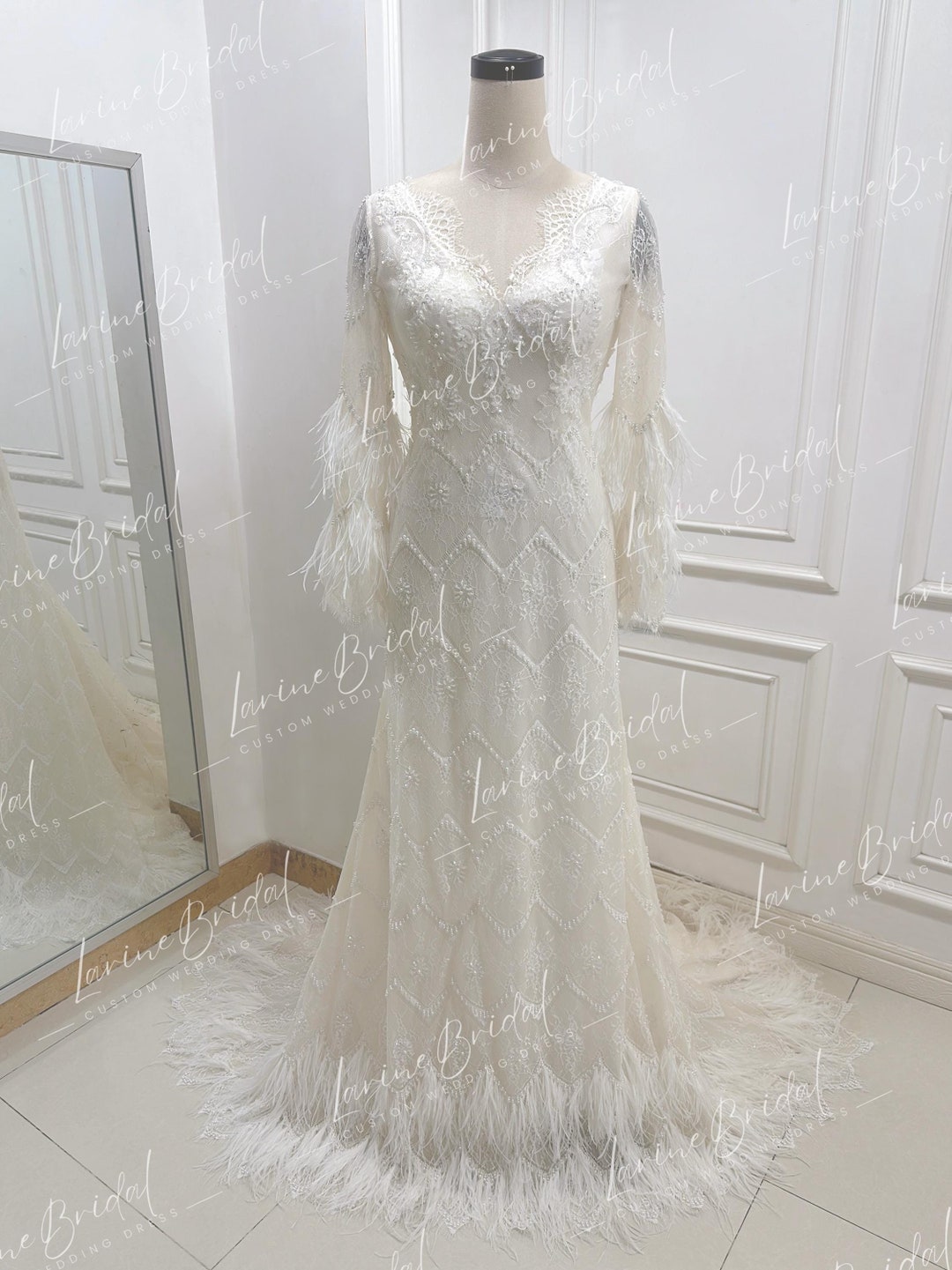Trumpet Lace and Feather Wedding Dress. Luxurious Lace Wedding Dress ...