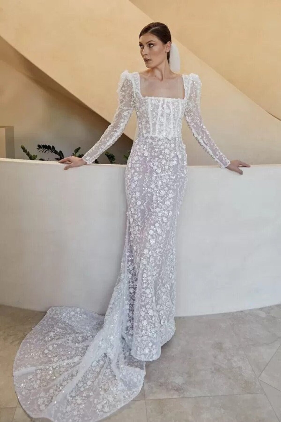 Mermaid Wedding Dress. Long Sleeve Wedding Dress. Beads Dress. - Etsy