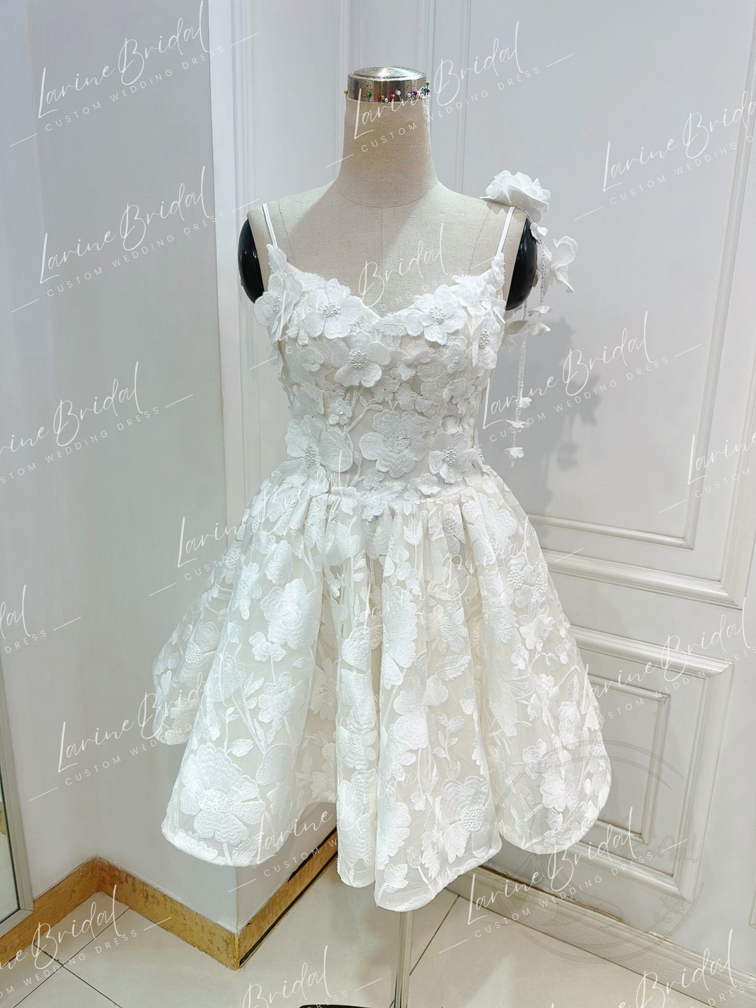 Custom Short Wedding Dress. A-line 3D Floral Lace Mini Wedding Dress ...