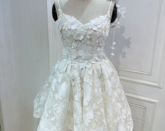 Custom short wedding dress. A-line 3D floral lace mini wedding dress. Luxurious wedding outfit.