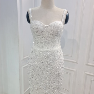 Custom wedding dress for the bride. Beaded short wedding dress. Sparkling wedding dress.