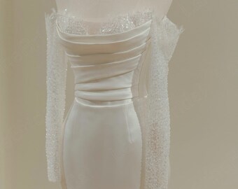Satin mermaid wedding dress. Wedding dress with long sparkling sleeves. Custom wedding dresses for brides.