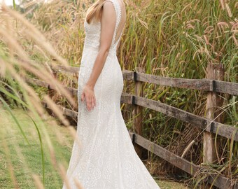 Rustic country boho wedding dress. Gentle lace wedding dress. Custom wedding dresses.