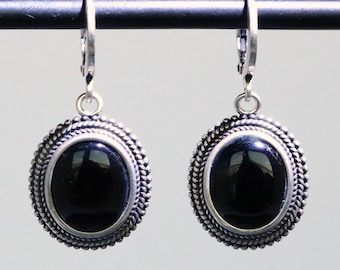 Schwarze Onyx Ohrringe - Vintage Stil, massiv 925 Sterling Silber, Schmuck Geschenk für Sie