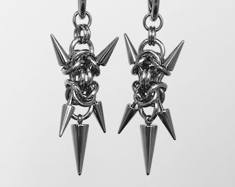 Stainless Steel Spike Earrings – Punk Chainmail Cross Dangles, Grunge Gothic Drop Jewelry, Hypoallergenic