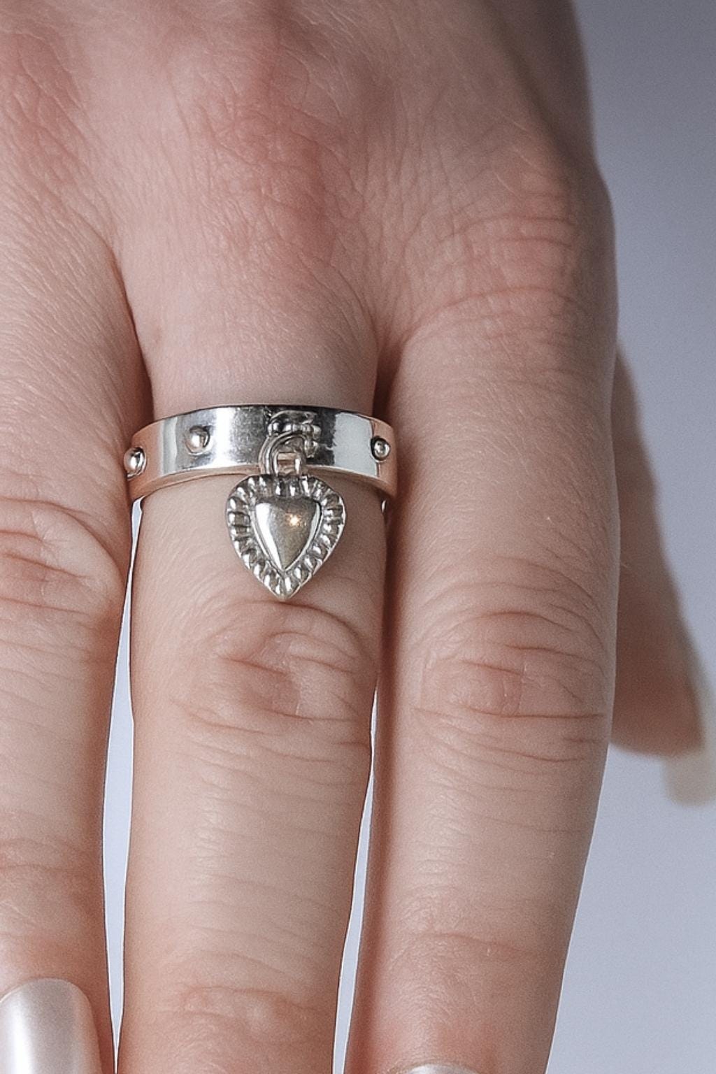 Bague Breloque Femme En Acier Inoxydable - Anneau Cœur Argenté Taille 62 (USA 10) - NEUVE