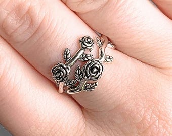 Rose Vine Silberring - Verstellbares Blumenband, Vintage Botanisches Schmuckgeschenk