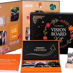 Calmoura Vision Board Kit for Adults Supplies — 100 Cards, 1 Card Box, 1 Guidebook, Exercises, 4 Vision Board Stickers, Washi Sheets, & More