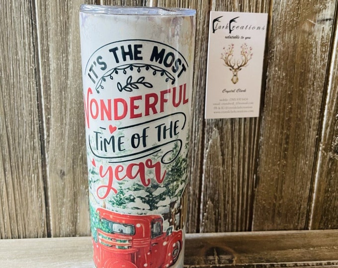 Its The Most Wonderful Time of Year 20 oz Red Truck Tumbler for Hot and Cold Beverages