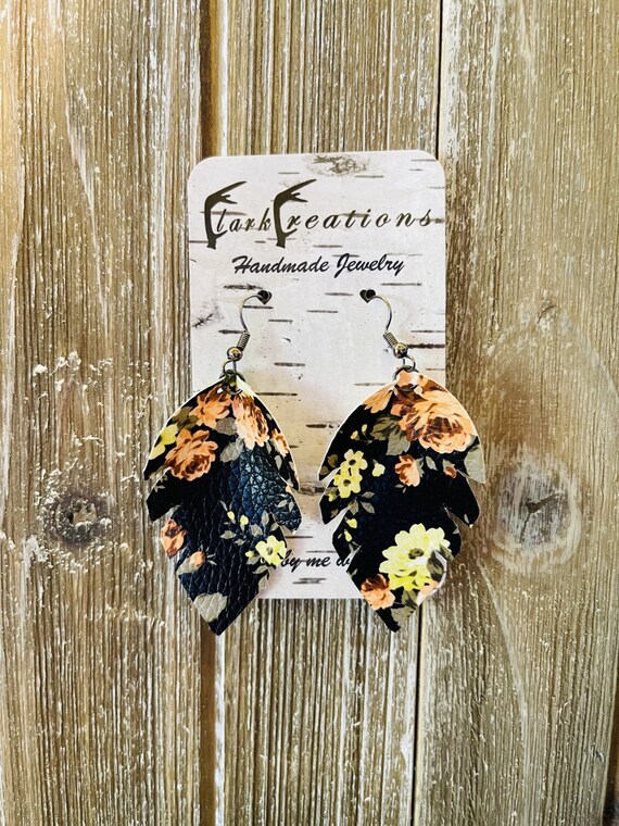 Black Floral Leather Earrings