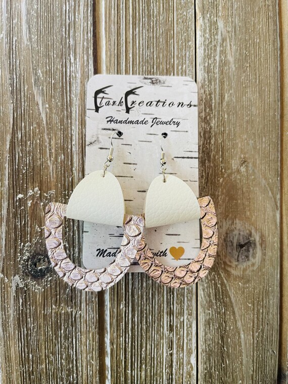 White & Rose Gold Leather Earrings