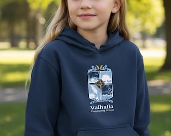 Valhalla Community School Hoodie, Unisex Crewneck Fundraiser Sweatshirt Navy Blue and Purple Youth and Adult sizes