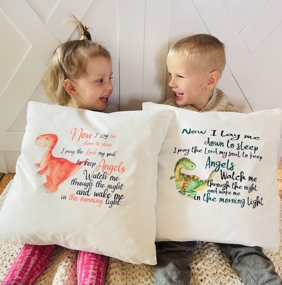 Child pillow with PINK or GREENN dinosaur. Now I lay me down to sleep