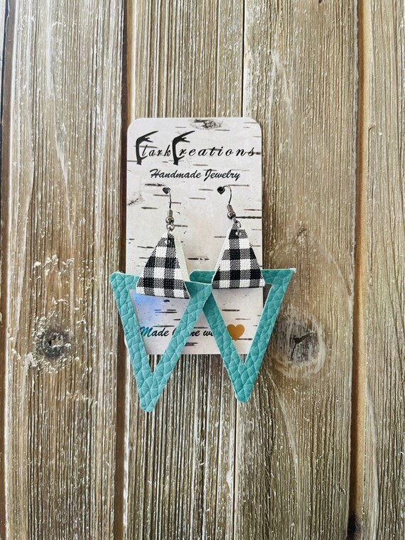 Teal & Black Plaid Leather Earrings