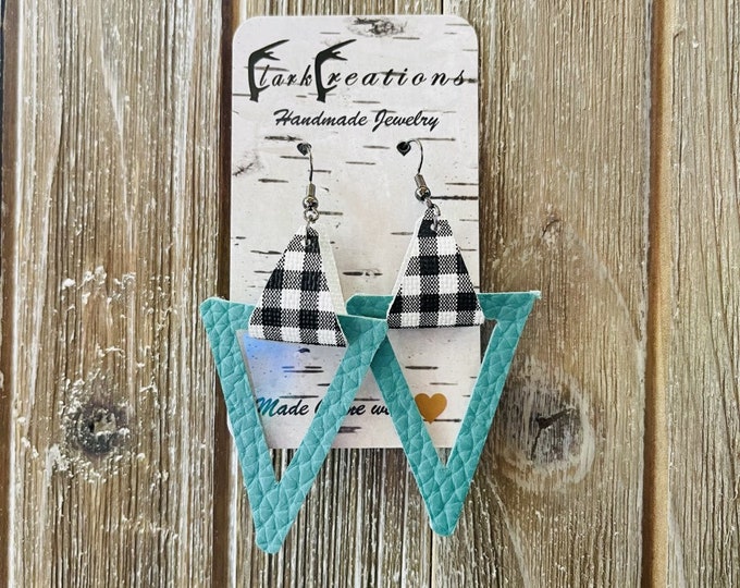 Teal & Black Plaid Leather Earrings