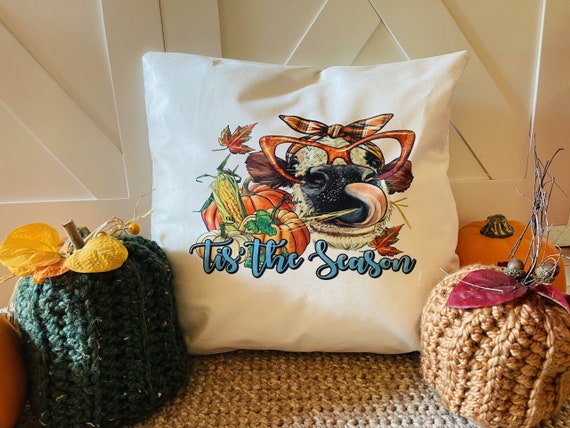 Tis The Season Fall pillow with Cows, Pumpkins and Corn