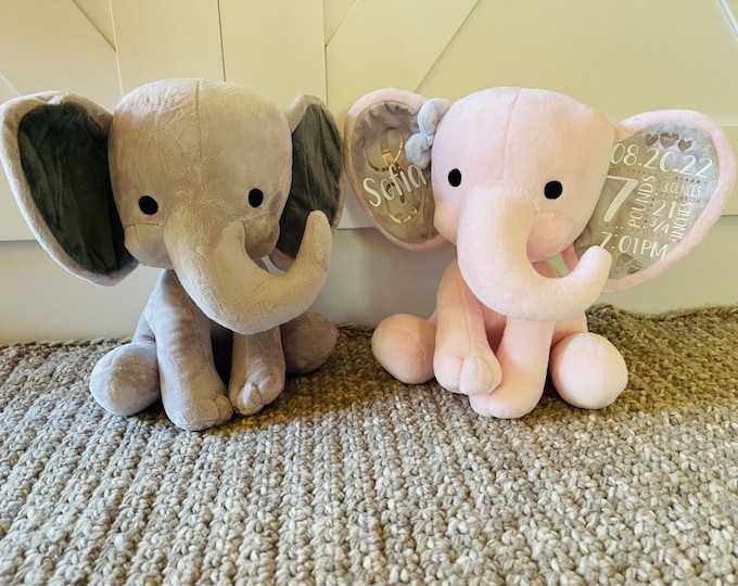 Birth Announcement Stuffed Elephant for Boy or Girl