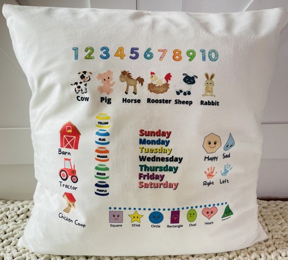 Child learning pillow, Numbers, Animals, Colors, Shapes, Week Days, Happy or Sad, Right and Left and Pictures
