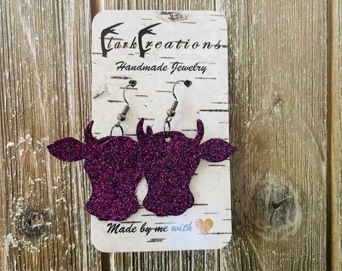 Plum Glitter Bull Leather Earrings