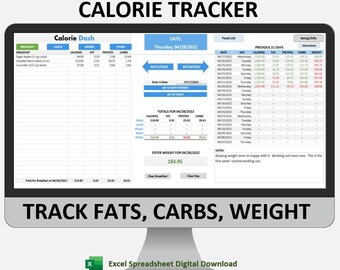 May include: A computer screen displaying a calorie tracker spreadsheet with the title "Calorie Dash". The spreadsheet includes columns for calories, fat, protein, and carbs. The date is Thursday, 04/28/2022. The spreadsheet also includes a section for entering weight, with a current weight of 184.95 pounds. The text "TRACK FATS, CARBS, WEIGHT" is displayed below the spreadsheet.